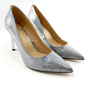 Jessica Simpson Rexha Silver Iridescent Snakeskin Iridescent Glam Stiletto Heels
